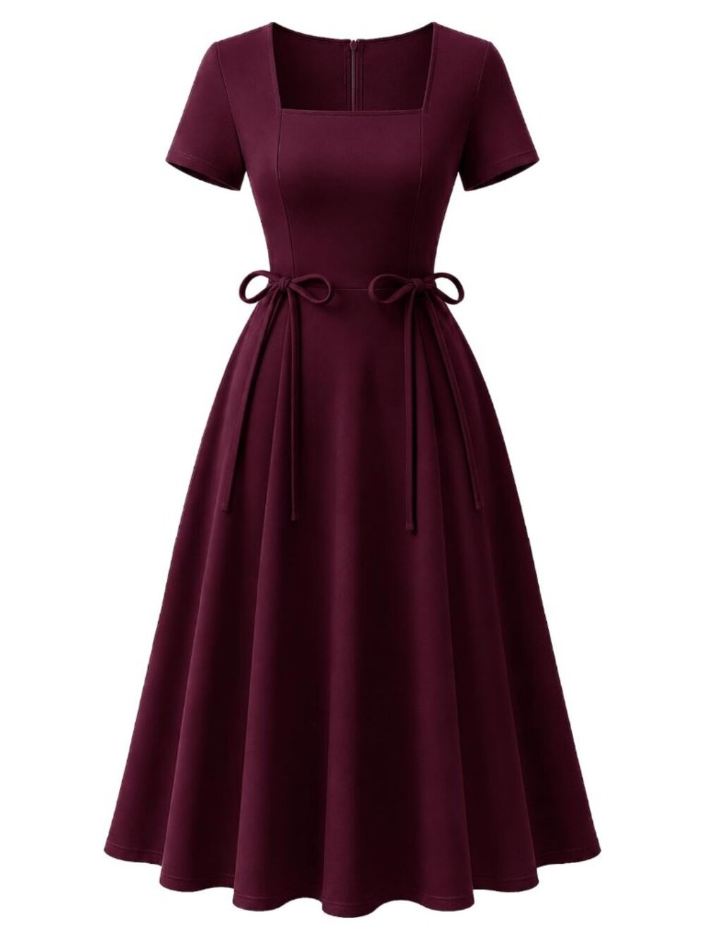 Vintage Tea Party Short Sleeve A-Line Midi Dress with Pockets Square Neck